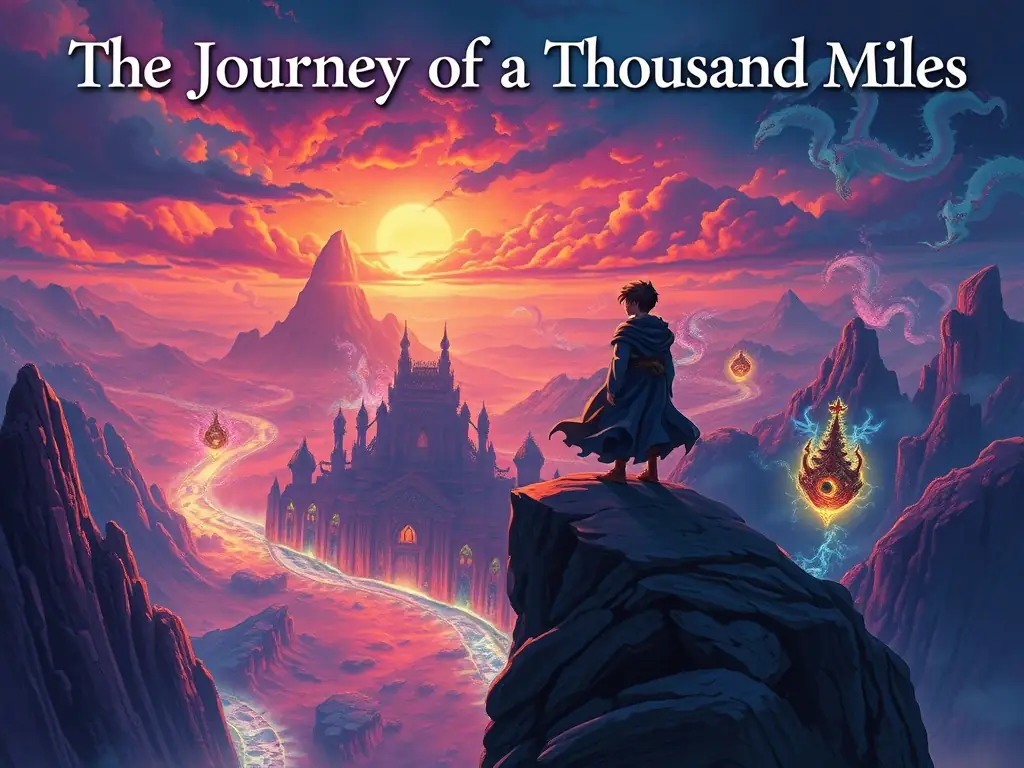 A book cover featuring a fantasy landscape with a lone traveler, representing the novel 'The Journey Within'. The image should evoke a sense of adventure and self-discovery.